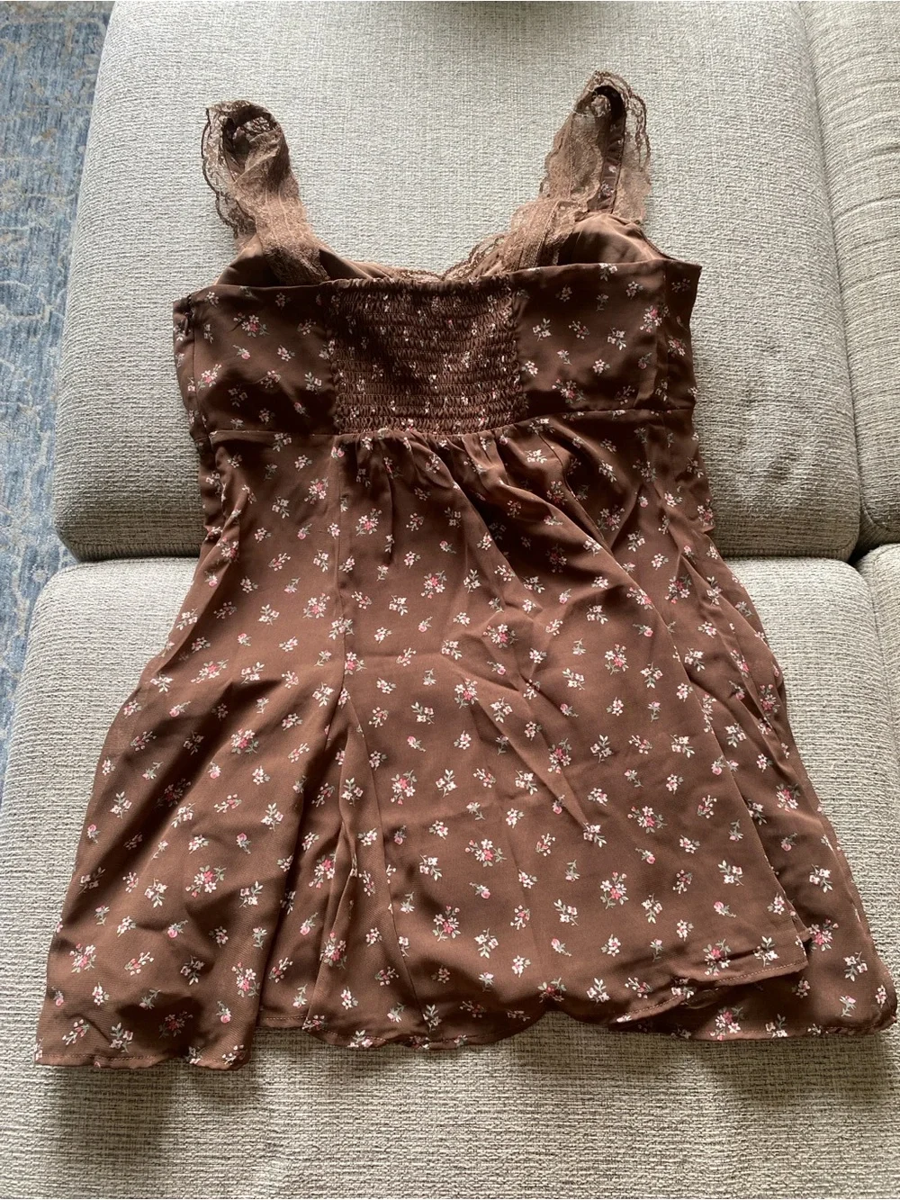 Abercrombie and Fitch Bra-Free Lace-Trim Button-Through Mini Dress —Brown Floral - Picture 6 of 9